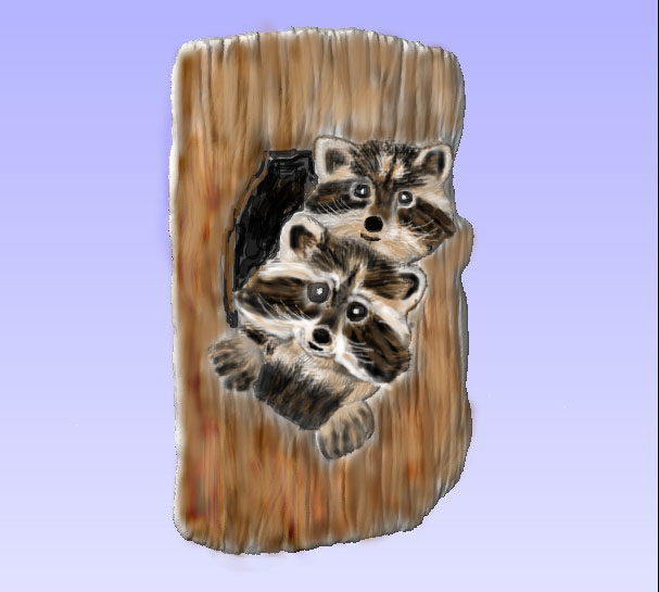 M2992 - Carved Raccoons in a Tree, painted enamels