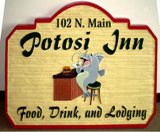 T29065 - Carved Wooden Wall Sign with Catfish at Bar,  for Inn