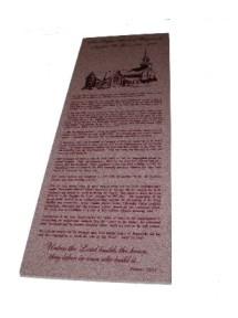 This custom Corian plaque was created to recognize the history and donors of a church expansion project. The image at the top was created from a photograph of the church by our craftsmen.