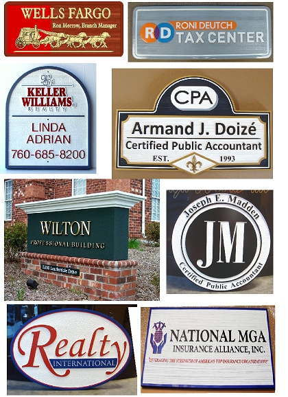 Sandblasted wooden CPA and bank signs.