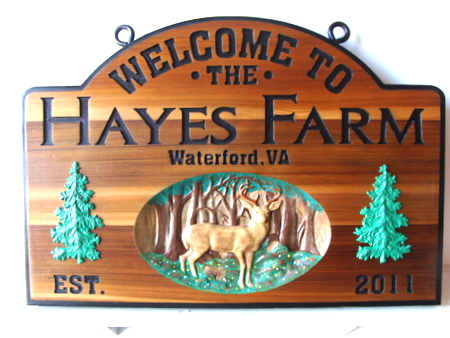 O24446 - Cedar Wood Farm Sign with Engraved Text and 3D Carvings of a Deer and Trees