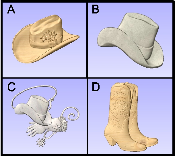 O24911 - Carved 3D Wood Appliques of Western Garb (Cowboy Hats, Boots, Spurs)