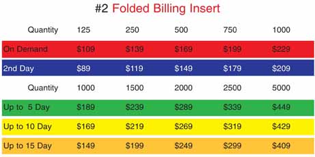 Text #2: "Folded Mailing/Billing Insert": Flat: 7.3" x 8.5" 4/1