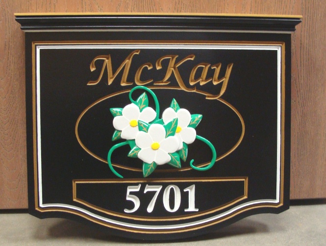 I18012 - Engraved Residence Hanging Sign with Bas-Relief Carved Flower