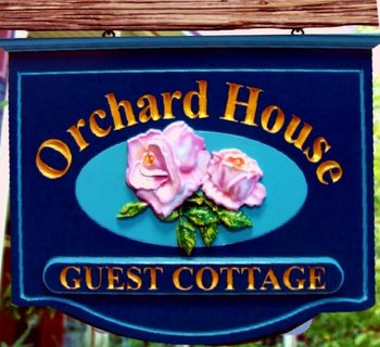 B&B sign with rose and carved letters gold-leaf