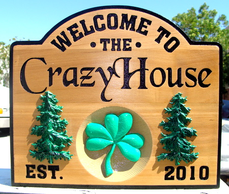 M22254 - Engraved Cedar Property Name Plaque with Carved 3D Appliques ( Spruce, Clover)