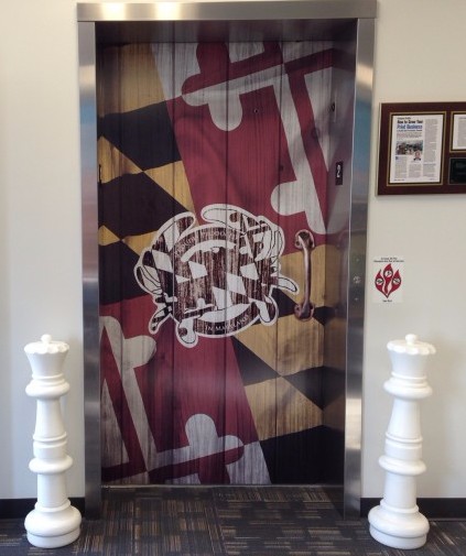 Outside of elevator wrap at Strategic Factory in Owings Mills, Maryland