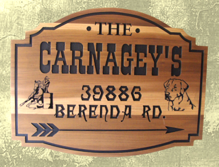 O24441 - Engraved Cedar Ranch Sign with Barrel Racer and Dog