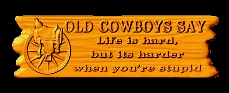 O24447 - Carved Cedar Wood Cowboy Plaque with Saying "Life is hard, but its harder when you're stupid""