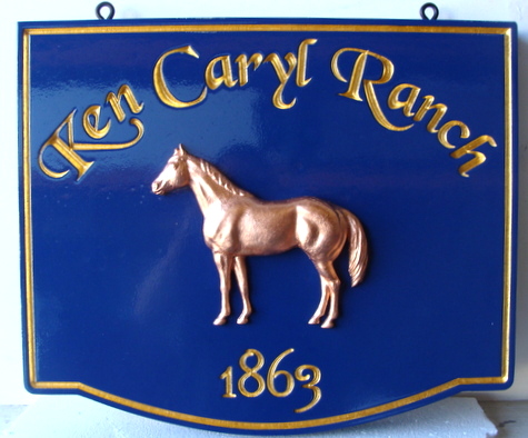 P25002A - Equine Ranch Entrance Sign, with Carved Text and 3D Carved Horse (Copper-Leaf Gilded)