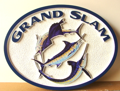 L21065 - Carved Fisherman's Cottage Sign with Three Billfish (Marlin, Sailfish and Swordfish)