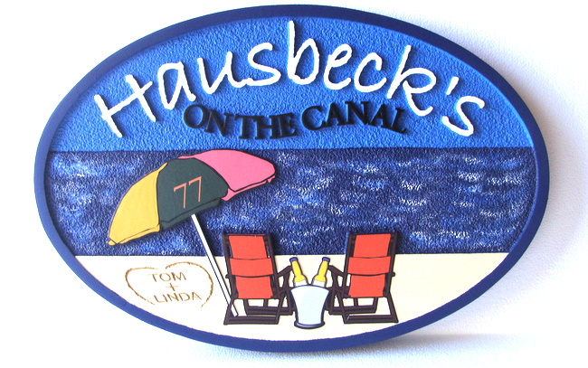 L21465 - Beach House Sign with Umbrella and Two Chairs
