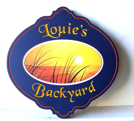 M22056 - Carved Wooden Lake Home Property Sign with Lake & Sunset