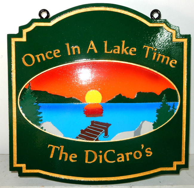 Wood Cottage Signs Cabin Carved Plaques Rustic M22302 Once In A Lake Time Residence Sign With Mountains Setting Sun And Dock