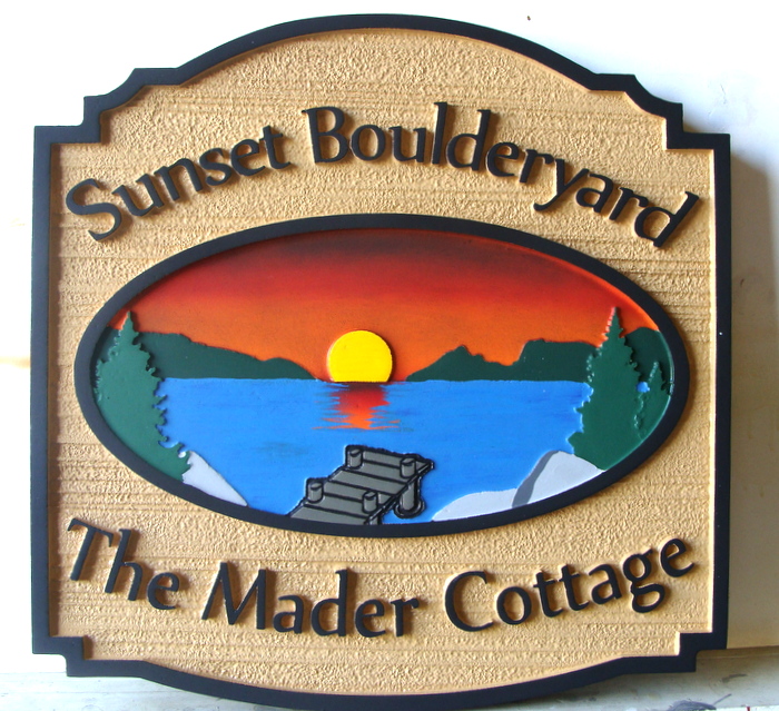 M22075 - Lake Cottage Property Sign, with Dock and Sunset for Lake/Mountain Scene