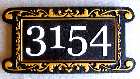 I18007 - Elegant Carved House Adress Number Plaque, Black & Gold