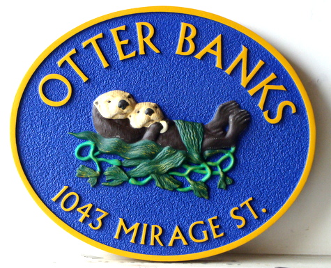 L21027 - Seashore Home Carved Wood Property Sign with Otters Feeding in Kelp Bed