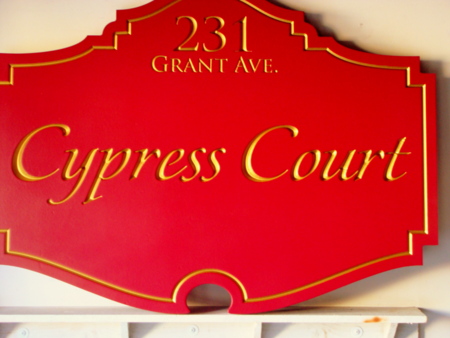 I18035 - Carved Wood Property Name and Address Sign, "Cypress Court"