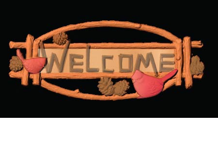 M22407 - Carved 3D Cedar Cabin Welcome Sign with Pinecones and Birds