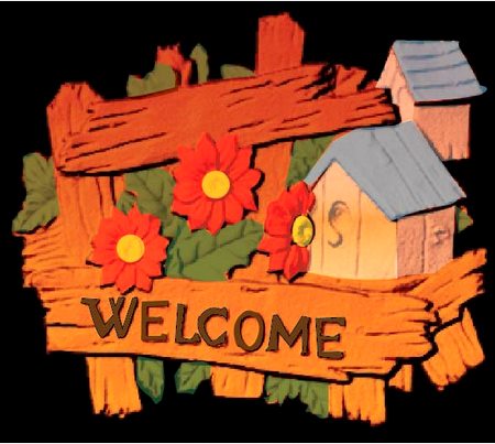 M22408 - Rustic Carved 3D Welcome Sign with Cabins, Fence and Wildflowers