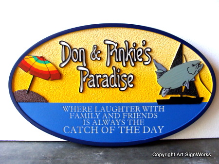 L21034 - Seashore Home Sign with Sailboat, Fish and Umbrella 