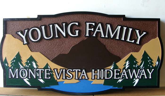 M22168 - 2.5D Carved HDU Property Sign, with Mountains, Lake and Forest