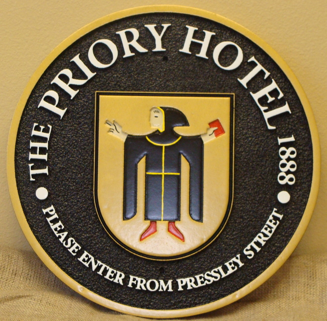 T29009 - Round Hotel Entrance Sign, Black &amp; Gold, with Carved Monk Art