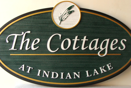 M22103 - The Cottages, a Sandblasted HDU Sign, with Indian Feathers Art