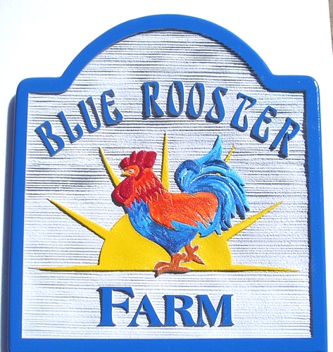 O24140 - Blue Rooster Carved Wood Farm Sign