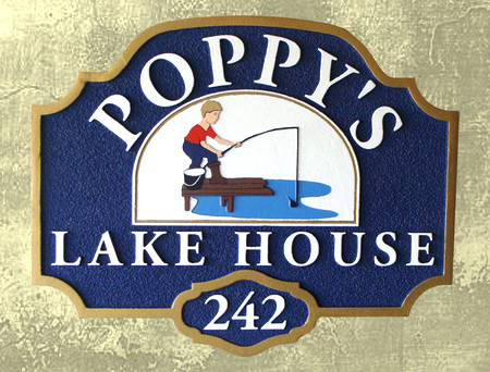 M22054 - Carved Wooden Lake House Property Sign with Boy Fishing on Dock