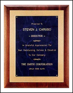Solid American walnut plaque with a frost gold back plate with bright gold embossed frame available in 3 marble finishes.