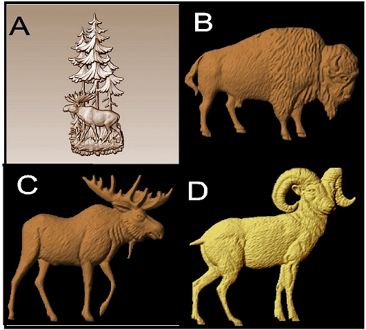M22944 - Carved 3D Wood Appliques of Bison (Buffalo),  Moose, and Big Horn Sheep