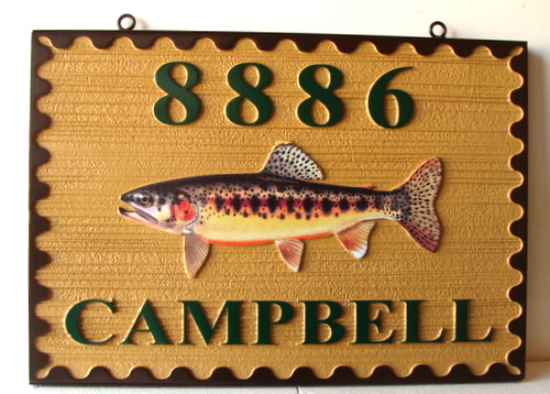 M22029A -  Sandblasted HDU  Cabin Address Sign with Mounted Trout Carving