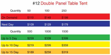 Cover #12: "Double Panel Table Tent": Flat: 4.25" x 11.75" 4/0