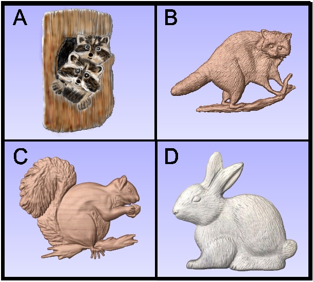 M22920 - Carved Raccoons, Rabbit, Squirrel