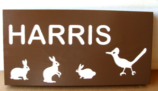 O24148 - Engraved Wood Property Name Sign, with Rabbits and Roadrunner