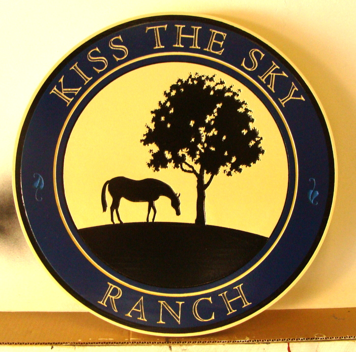 P25031 - Wooden Carved Ranch Sign with Silhouetted Horse and Tree Against Sky