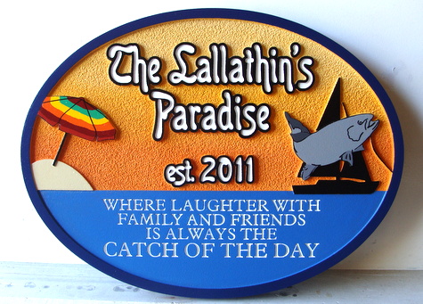L21010A - Beach House Carved Wood Property Sign with Umbrella, Fish and Sailboat