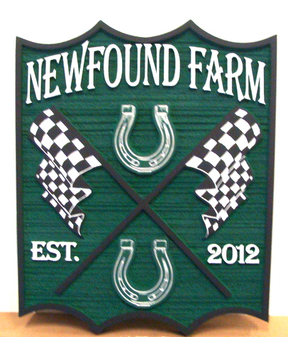 P25070 - NewFound Equine Farm Sign, with Horseshoes and Racing Flags