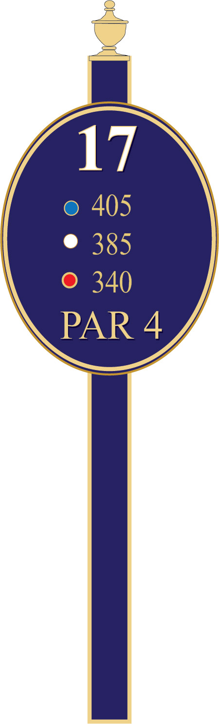 E14371 - Blue and Gold Golf Tee Sign on a Steel Post
