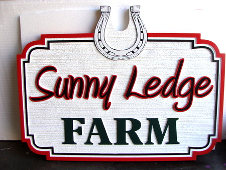 P25058 - Entrance Sign to a Horse Farm, with Carved Horseshoe