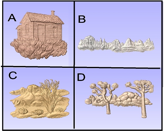 M22902 - Carved 3D Appliques of a Cabin, Mountain and Desert Scenes