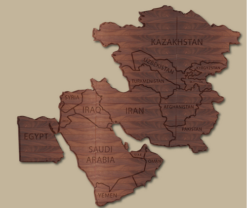 V31794 - Mahogany Wall Map of Mideast Countries Monitored by Central Army Command