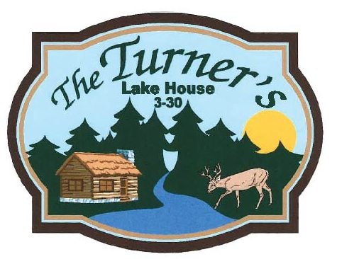 M22068 - Carved Lake House Sign, with Cabin and Deer in Woods by Lake