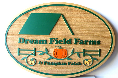 O24127 - Sandblasted HDU Farm Sign with Pumpkin and Barn, Dream Field Farms