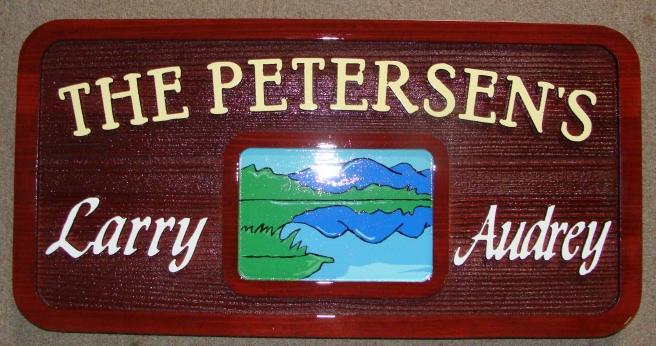 M22215 - Redwood  Cabin Sign with Lake Scene
