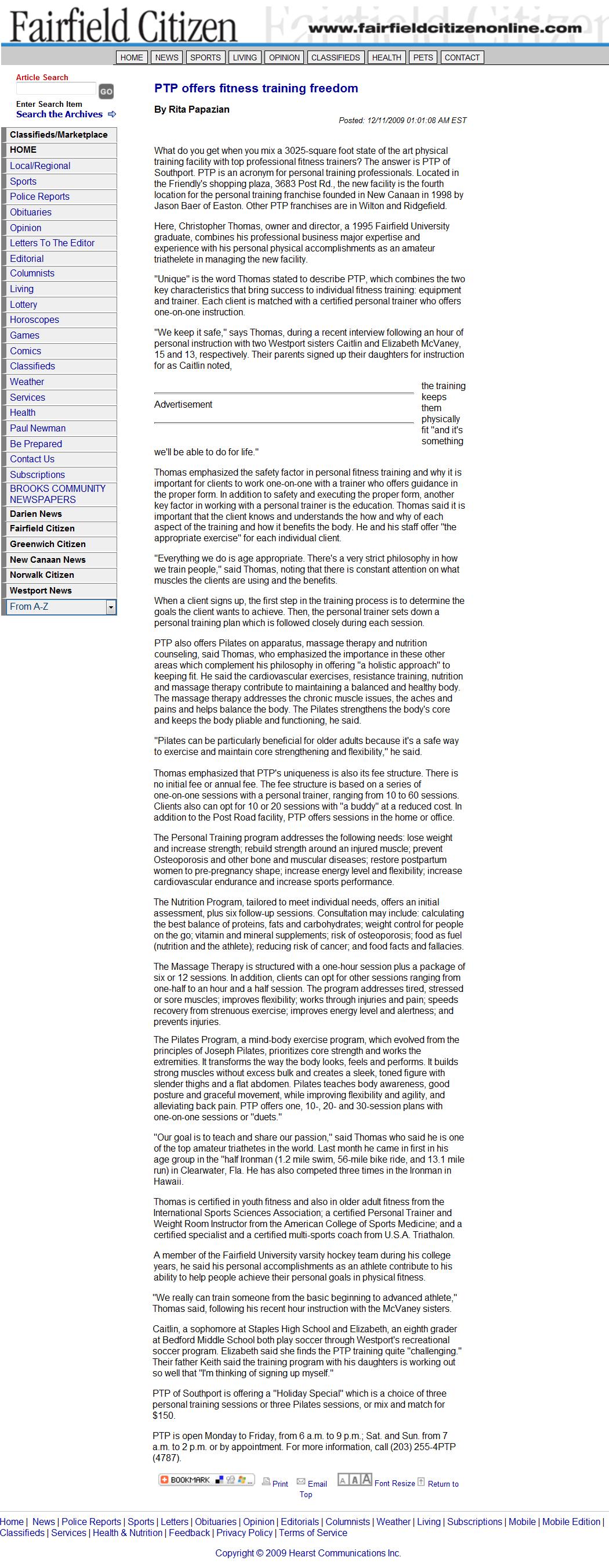 PTP offers fitness training freedom | Fairfield Citizen | December 11, 2009