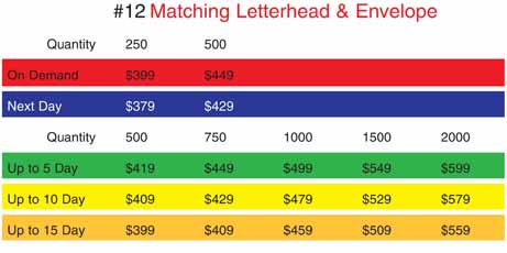 Text #12: "Matching Letterhead &amp; Envelope Set": Size: #10 Envelope &amp; 8.5" x 11" 4/0 (No Bleed Envelope)