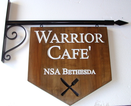 Q25609 - Engraved Cedar Wood Cafe Sign Hanging from Wrought Iron Scroll Bracket, NSA Warrior Cafe