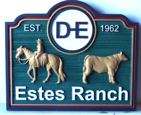 O24026 - 3D Carved and Sandblasted Wooden Sign for "Estes" Cattle Ranch, with Mounted Cowboy and Angus Bull